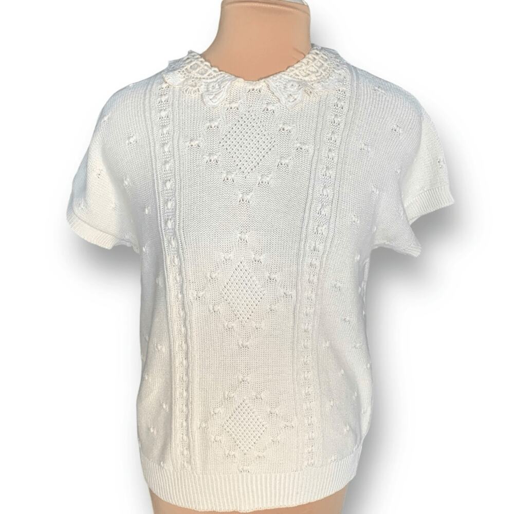 Vintage 90s Cream Knit Sweater Crochet Lace Peter Pan Collar Made in USA Cottage